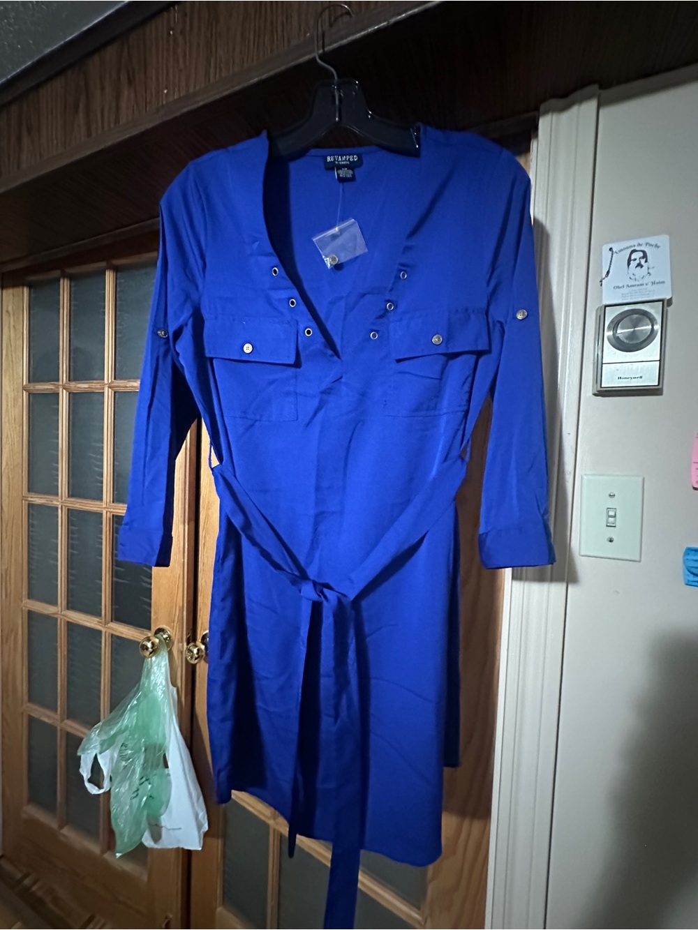 Revamped Women's Royal Blue Long Sleeve Shirt Dress with Tie Waist